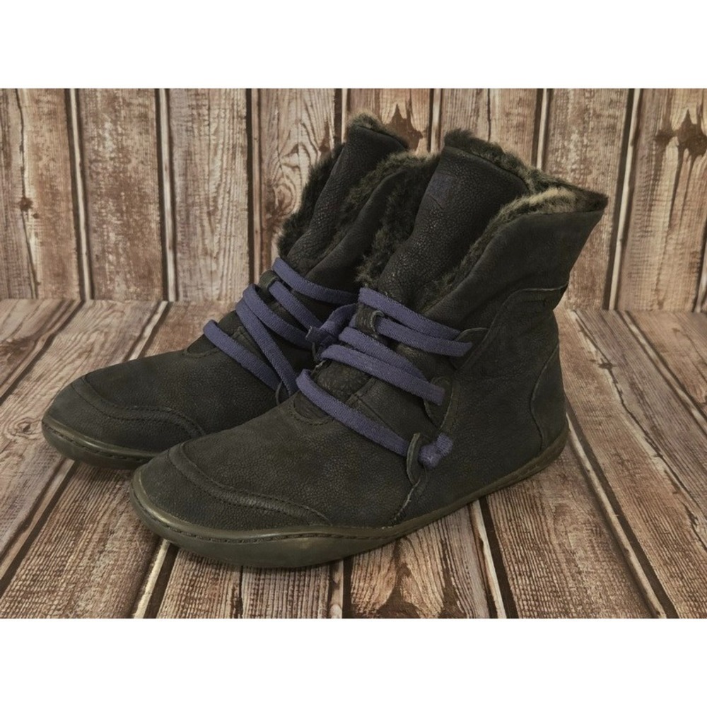 Sz 36 / 6 Women's Camper Peu Cami Black Leather‎ Faux Fur Lined Boots Booties